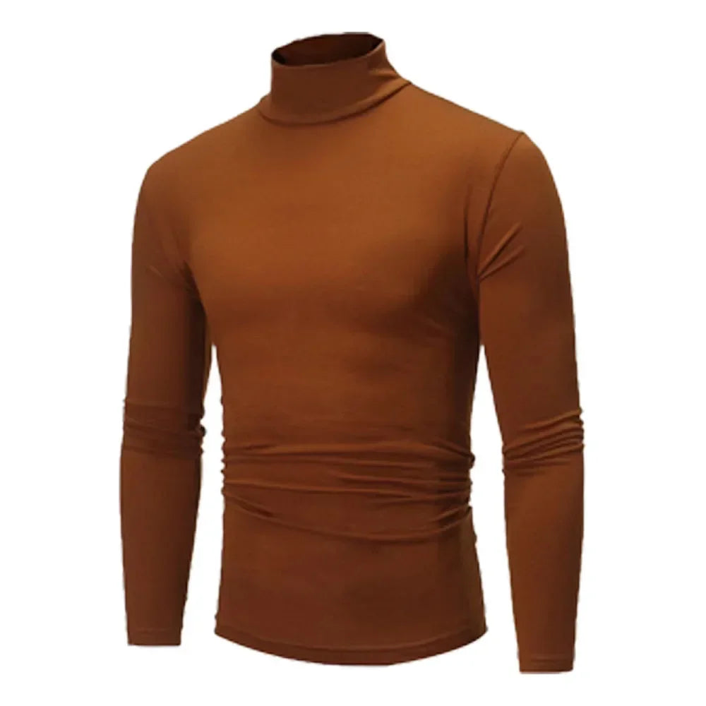 Autumn Spring Men's Bottoming Turtleneck Tops Slim Fit High Elastic Pullover Solid Color Stretchy Tees Basic Male Costume