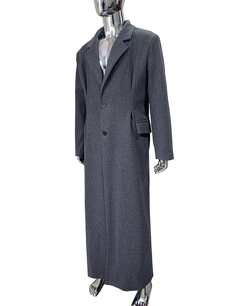 Nerazzurri Autumn Winter Extra Long Warm Fitted Grey Wool Blends Coat Men Luxury Floor Length Woolen Overcoat Menswear Clothes