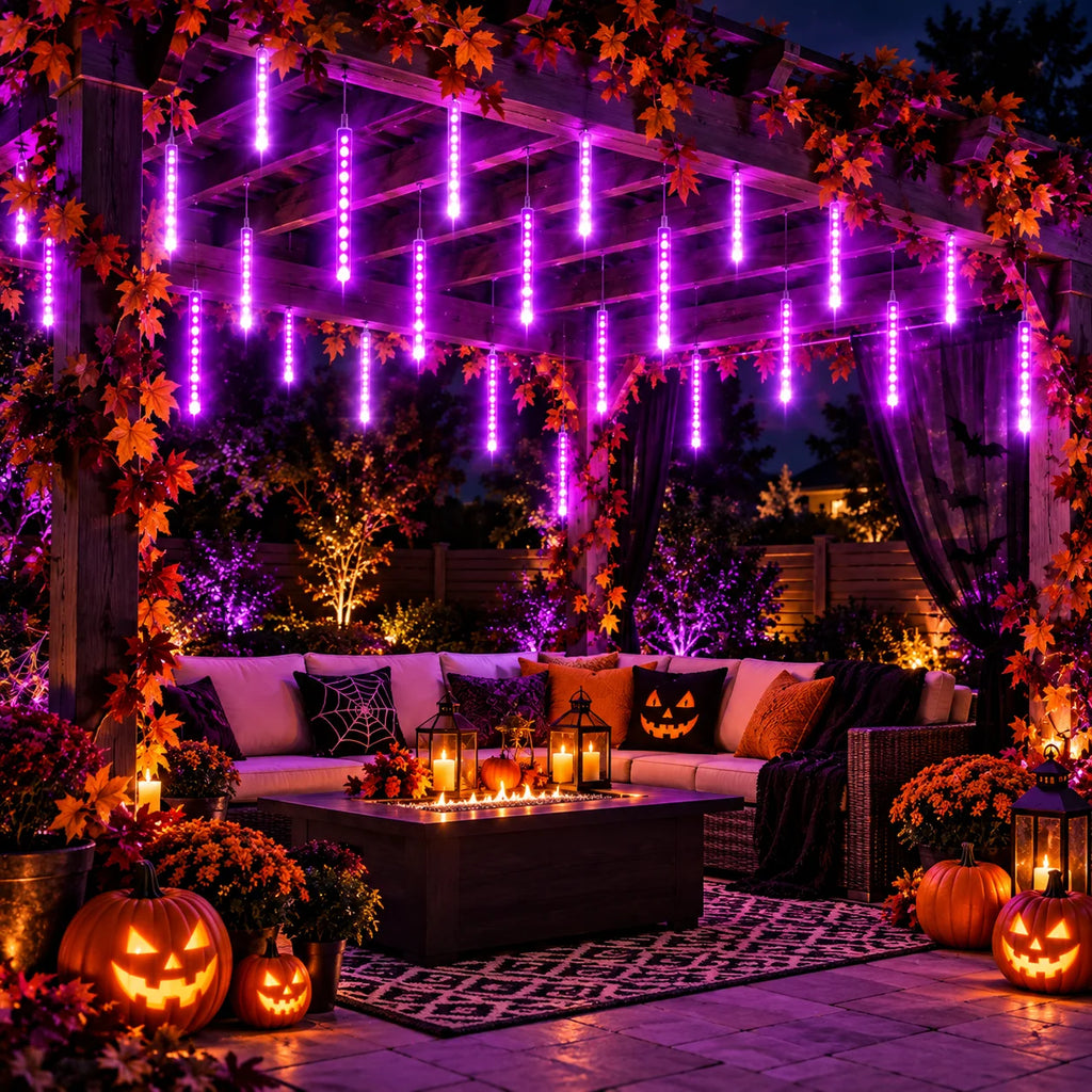 LED String Lights Meteor Shower Falling Rain Tube Lights USB Powered Warm White Purple for Garden Patio Yard Halloween Decor