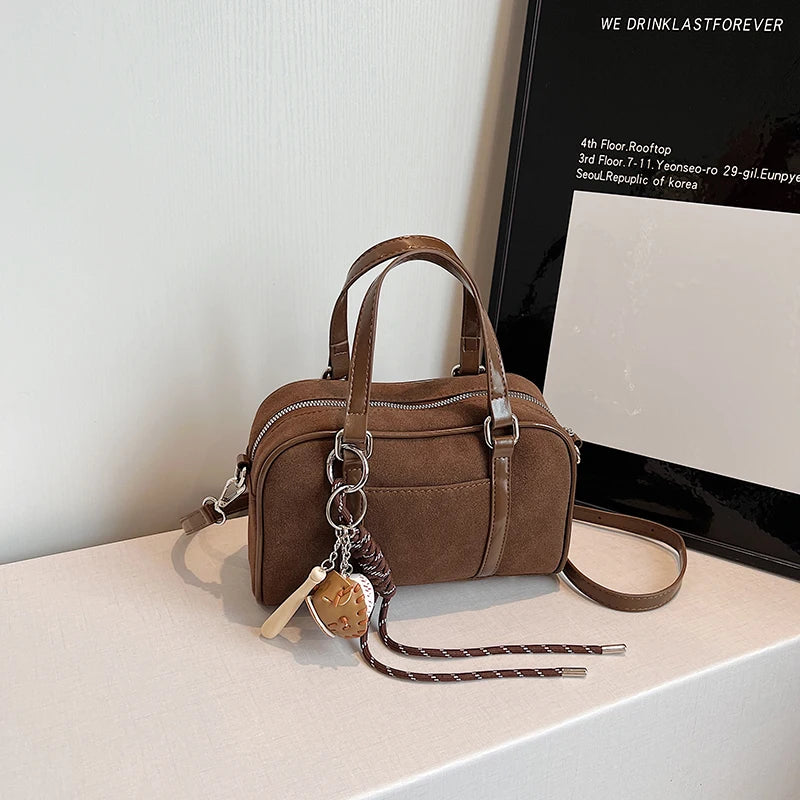 Mini Boston Top-handle Bags For Women PU Suede Pure Color Shoulder Crossbody Bag With Base Ball Pendant 2025 New Luxury Handbags