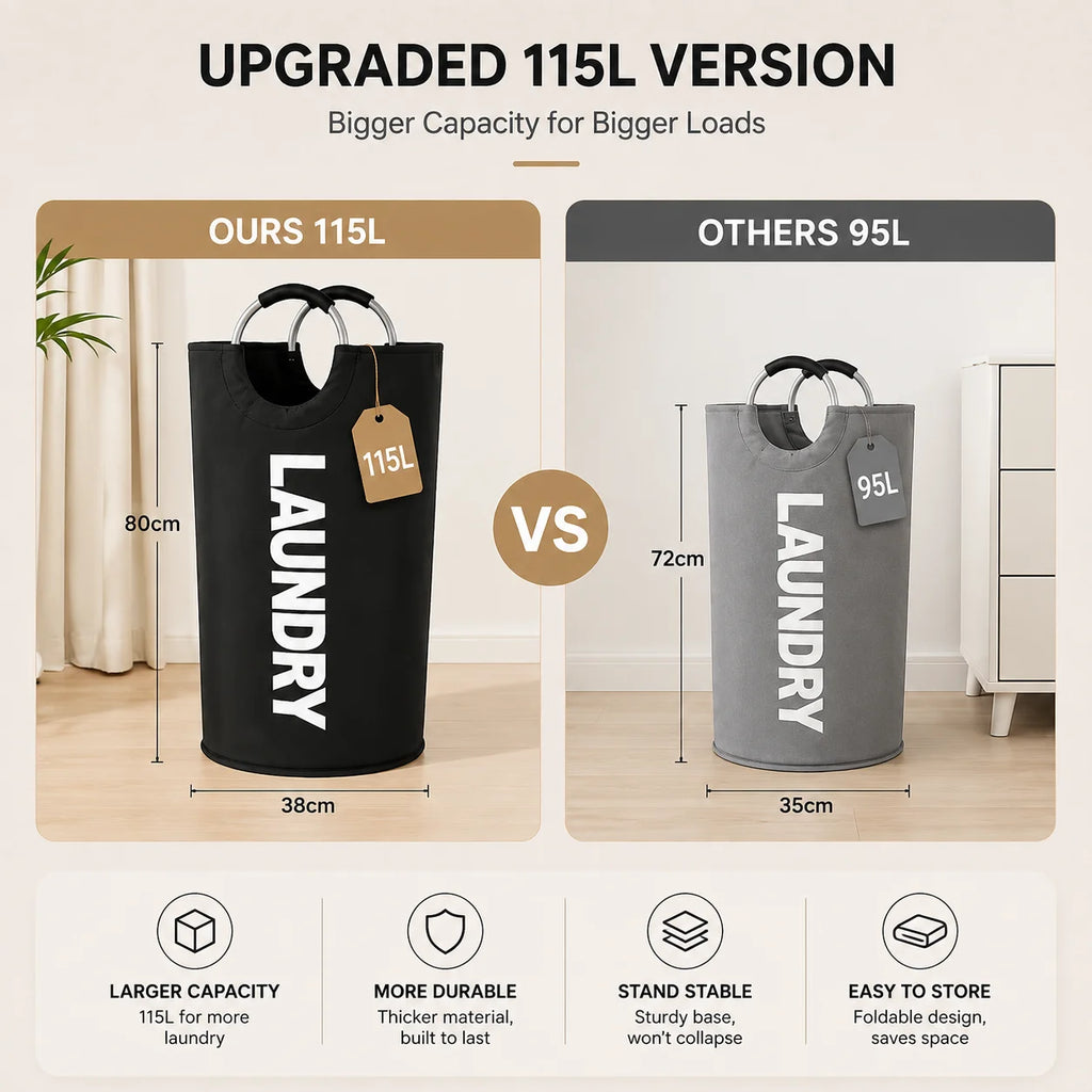 Lot de 2 paniers à linge extra larges de 115 L, paniers pliables avec poignées souples rembourrées, sacs à linge pliables autoportants pour le rangement des vêtements, chambre, salle de bain, dortoir et buanderie