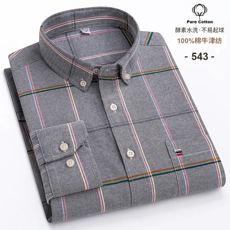 100% Cotton Oxford Men's Shirts Long Sleeves Plaid Soft Regular Fit Formal Dress Shirt Pocket Social Blouse Male Clothes S-7XL