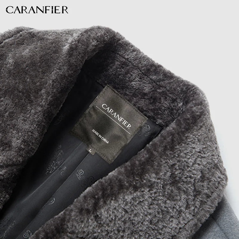 CARANFIER New Arrival Winter Men's Long Woolen Coat Fur Collar Warm Wool Coats Male Solid Color Slim Casual Windbreaker Jacket