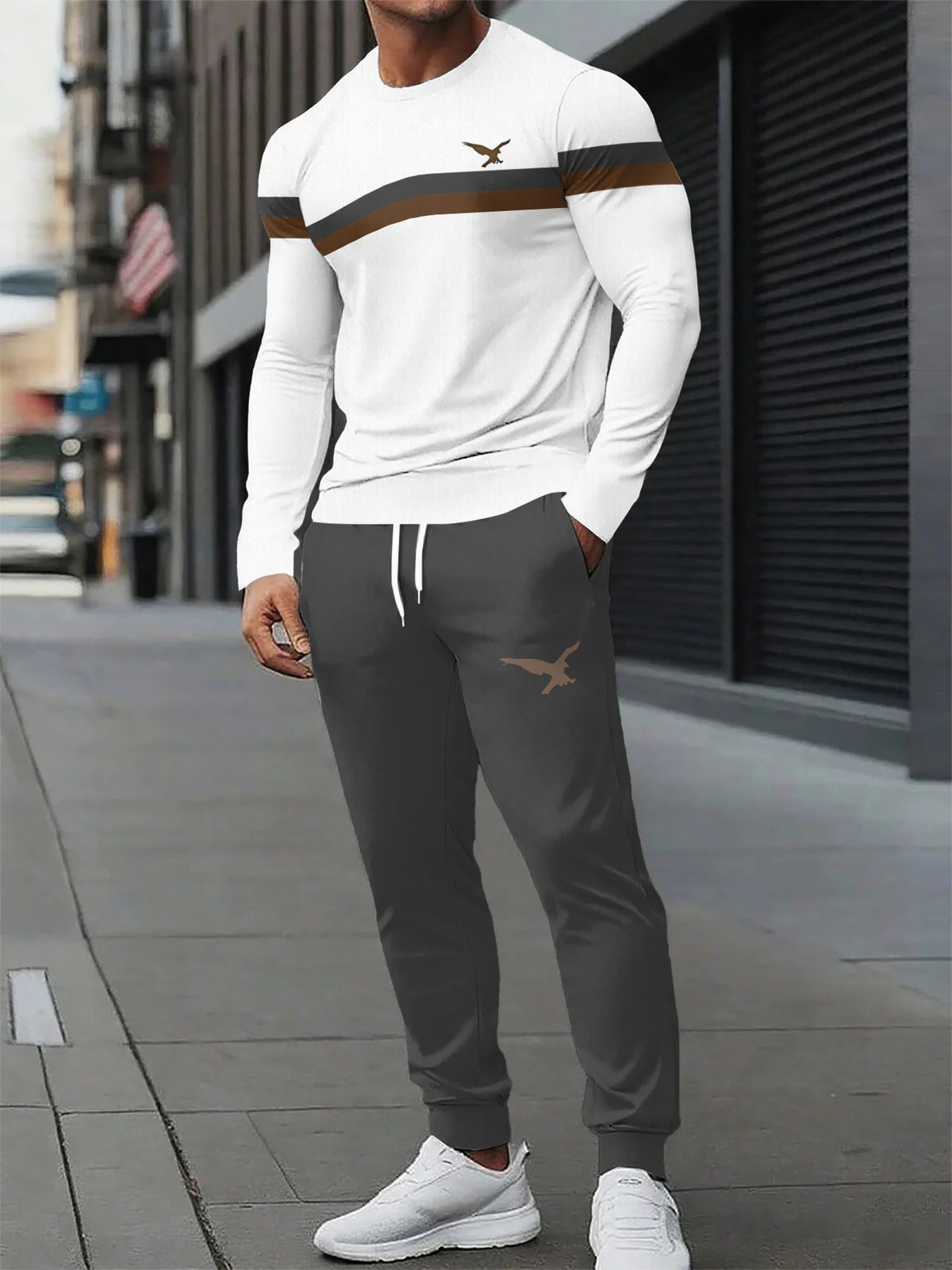 Men's Two-Piece Set Autumn 2026 New Arrival Black White Tie-Dye Panel Print Stylish Crew Neck Sporty Trendy Streetwear Style