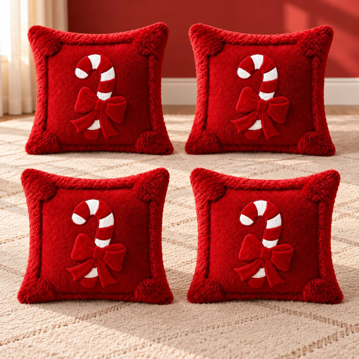Funda de cojín navideña con diseño de bastón de caramelo, funda de almohada de felpa de piel sintética roja, decoración de sofá para el hogar en invierno
