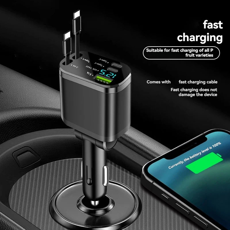Chargeur voiture, chargeur voiture avec câble rétractable, chargeur voiture PD, recharge rapide voiture, recharge ultra-rapide, recharge flash, chargeur allume-cigare cinq en un