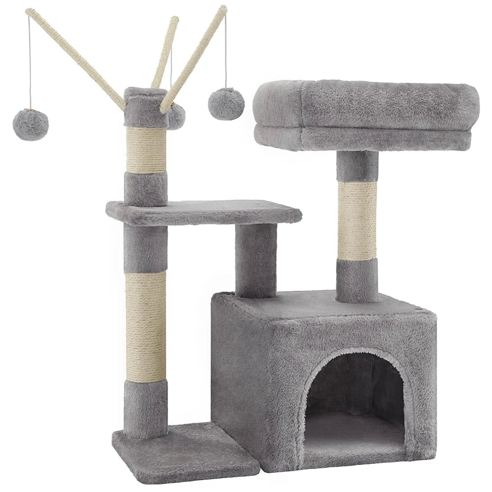 Torre para gatos, estructura trepadora con juguete de 72 cm, con mirador y acogedera caseta para el descanso, cuidado, ocio y entretenimiento de los gatos.