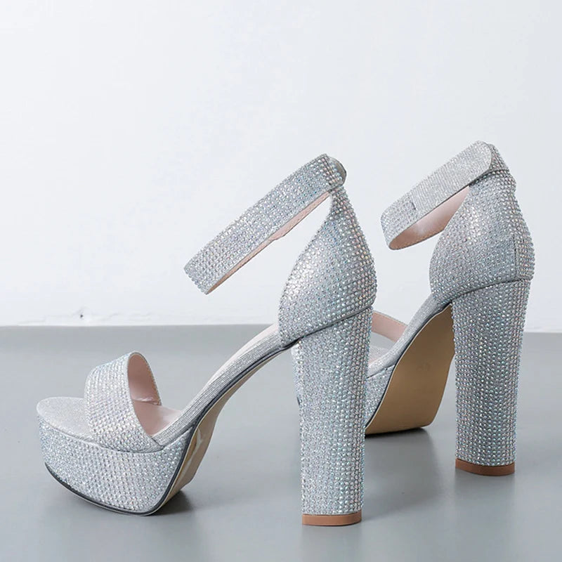 Sandali donna Liyke argento con strass, plateau e tacco largo