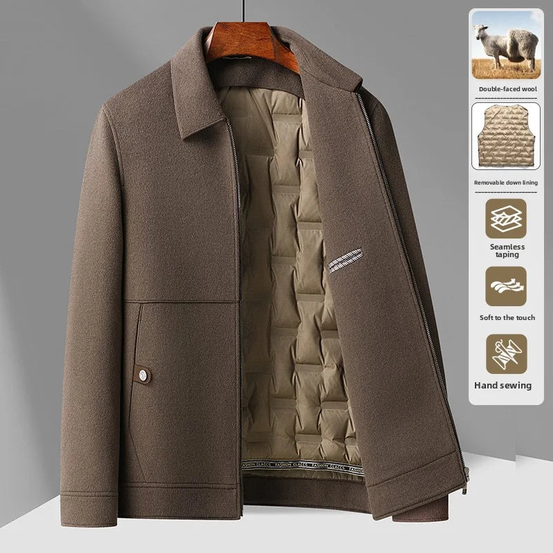 2025 Autumn/Winter New Men's Woolen Coat with Double Sided Intimate Down Inner Tank Thickened and Warm 70% Wool Fabric