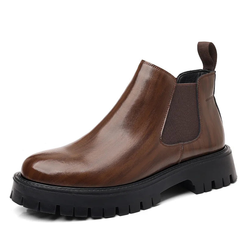 Vintage Herren-Chelsea-Stiefeletten in Braun, glänzendes Leder, Schlupfschuhe mit dicker, rutschfester Sohle, kurze Stiefel für Herren, Herbst, schwarz