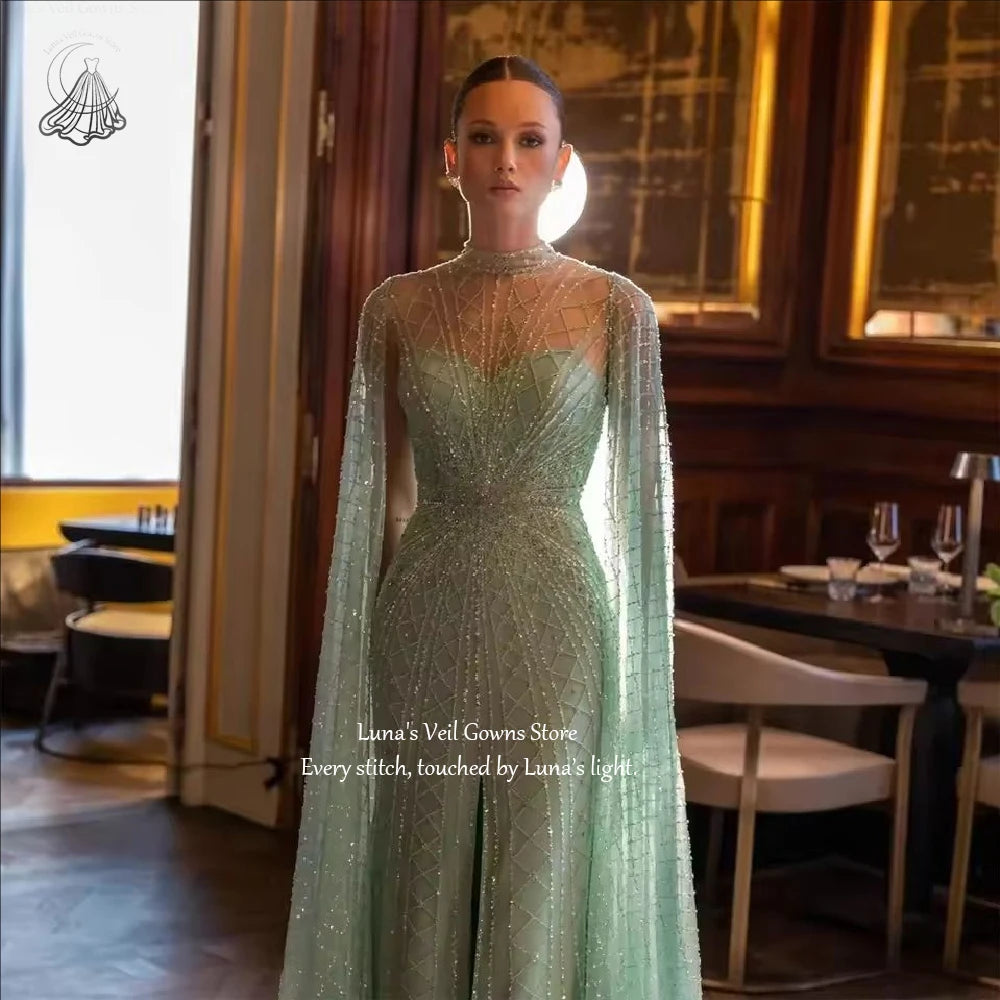 Long formal dress with round neck and long sleeves