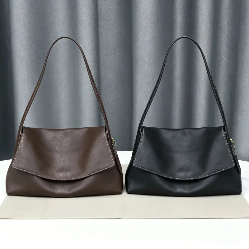 Luxury Genuine Leather Women's Shoulder Bag Large Capacity Flap Underarm Bag Simple Solid Color Soft Leather Brand Handbag