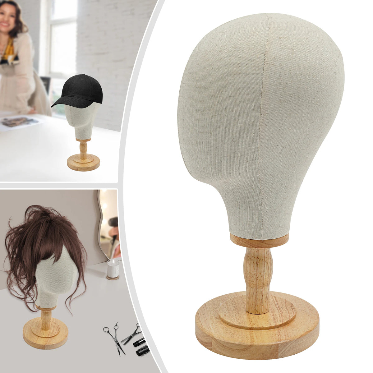 Cabeza de maniquí de lino beige, soporte para peluca, expositor de maniquí para pelucas, sombreros y gafas