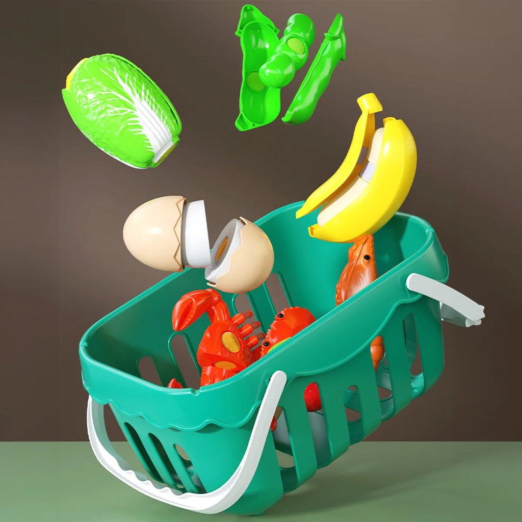 Juego de cocina con alimentos de juguete para cortar: frutas, verduras y comida rápida para jugar a cocinar. Regalo educativo para niños y niñas pequeños y bebés.