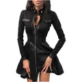 Damen-Minikleid aus Kunstleder mit V-Ausschnitt und Taschen