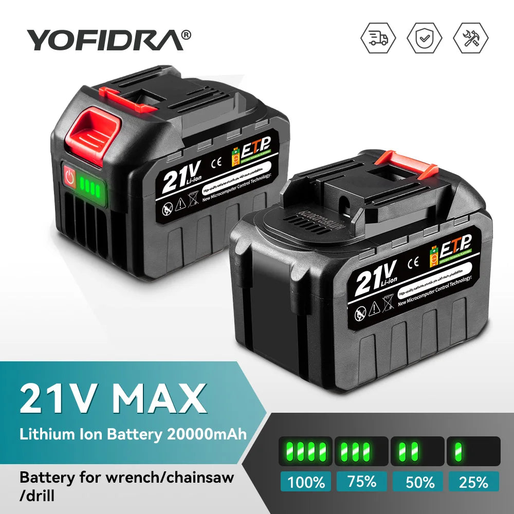 Batería de litio recargable YOFIDRA de 20 V, enchufe europeo, 15 000 mAh/928 VF, 22 500 mAh. Indicador de capacidad de la batería. Para motosierra y taladro eléctrico.