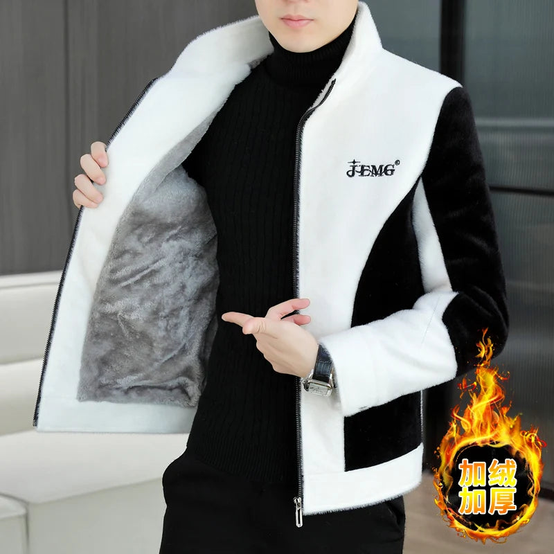 Imitation Mink Fur Men's Woolen Jacket Winter Thick and Warm Casual Trench Coat Korean Fashion Wool Blends Overcoat Men Clothing