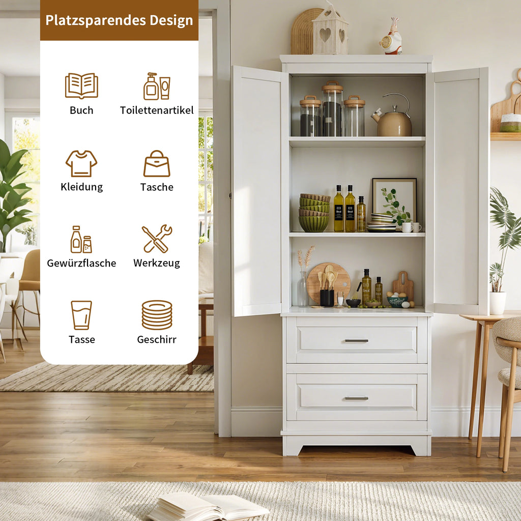 Comanlai moderner weißer Aufbewahrungsschrank 157 x 60 x 40 cm, multifunktionaler Holzschrank mit 2 Türen und 2 unteren Schubladen, einfach aufzubauendes Bücherregal und Ablagesystem für Wohnzimmer, Schlafzimmer, Küche, Badezimmer und Büro