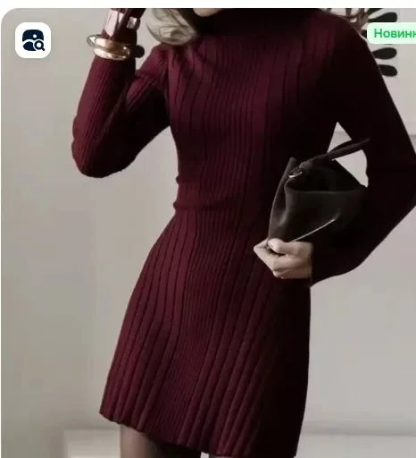 Mini abito in maglia da donna a collo alto e maniche lunghe
