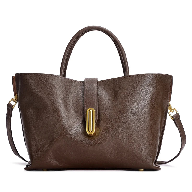 New Women's Genuine Cowhide Leather Large Capacity Top Handle Handbag Trapezoid Satchel Commute Ladies Elegant 2026 Tote Purse