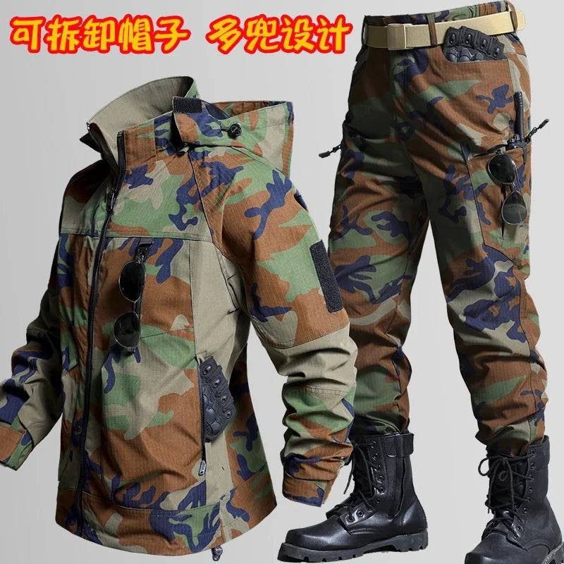 Men's Tactical Camouflage Workwear Set Loose Fit Jacket and Pants Windproof Breathable Outdoor Uniform for Spring Autumn