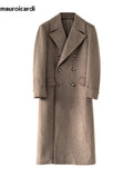 Mauroicardi Autumn Winter Long Warm Green Polo Coat Men Double Breasted Cool Luxury Elegant England Style Wool Blends Overcoat