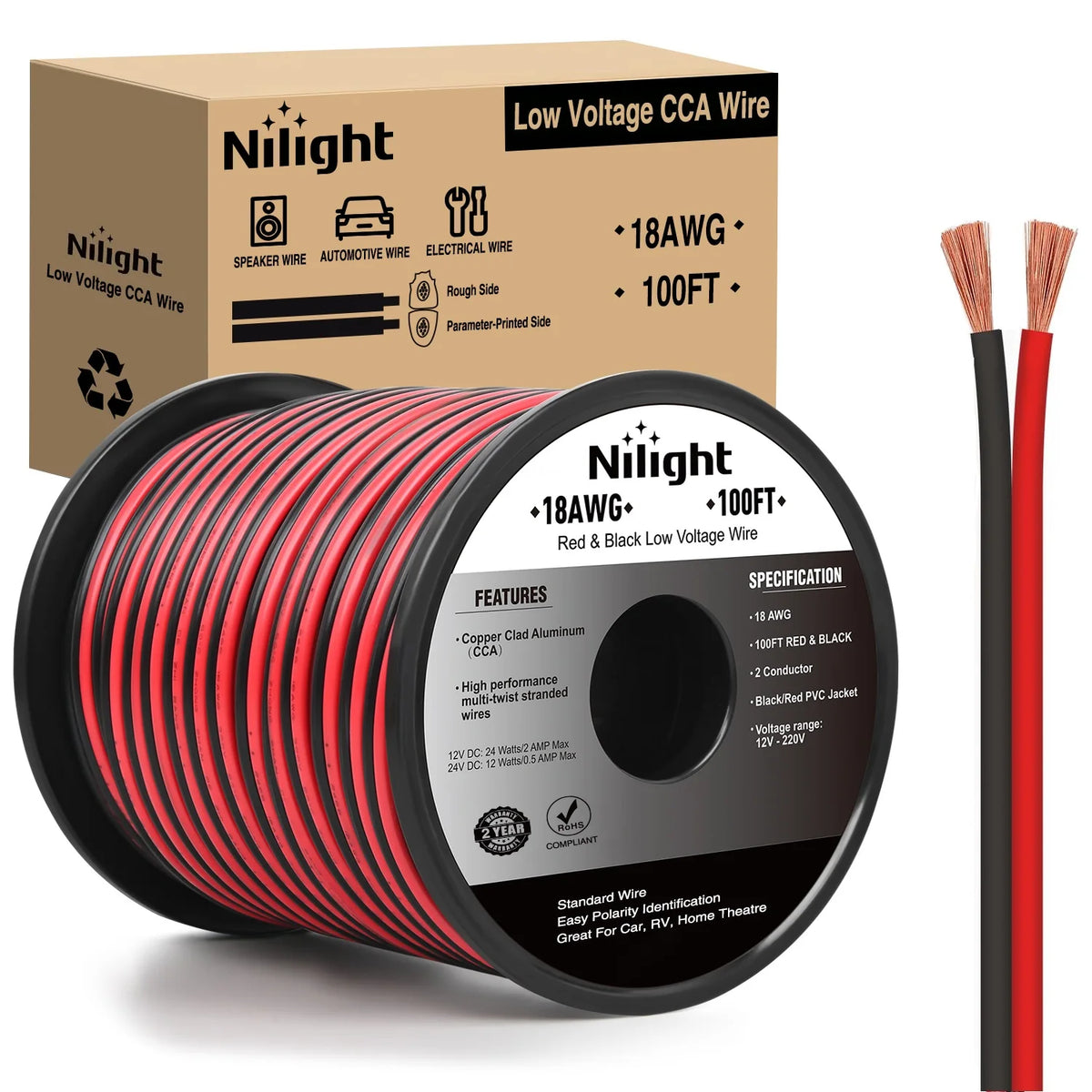 Cavo elettrico Nilight CCA rosso e nero, 100 ft