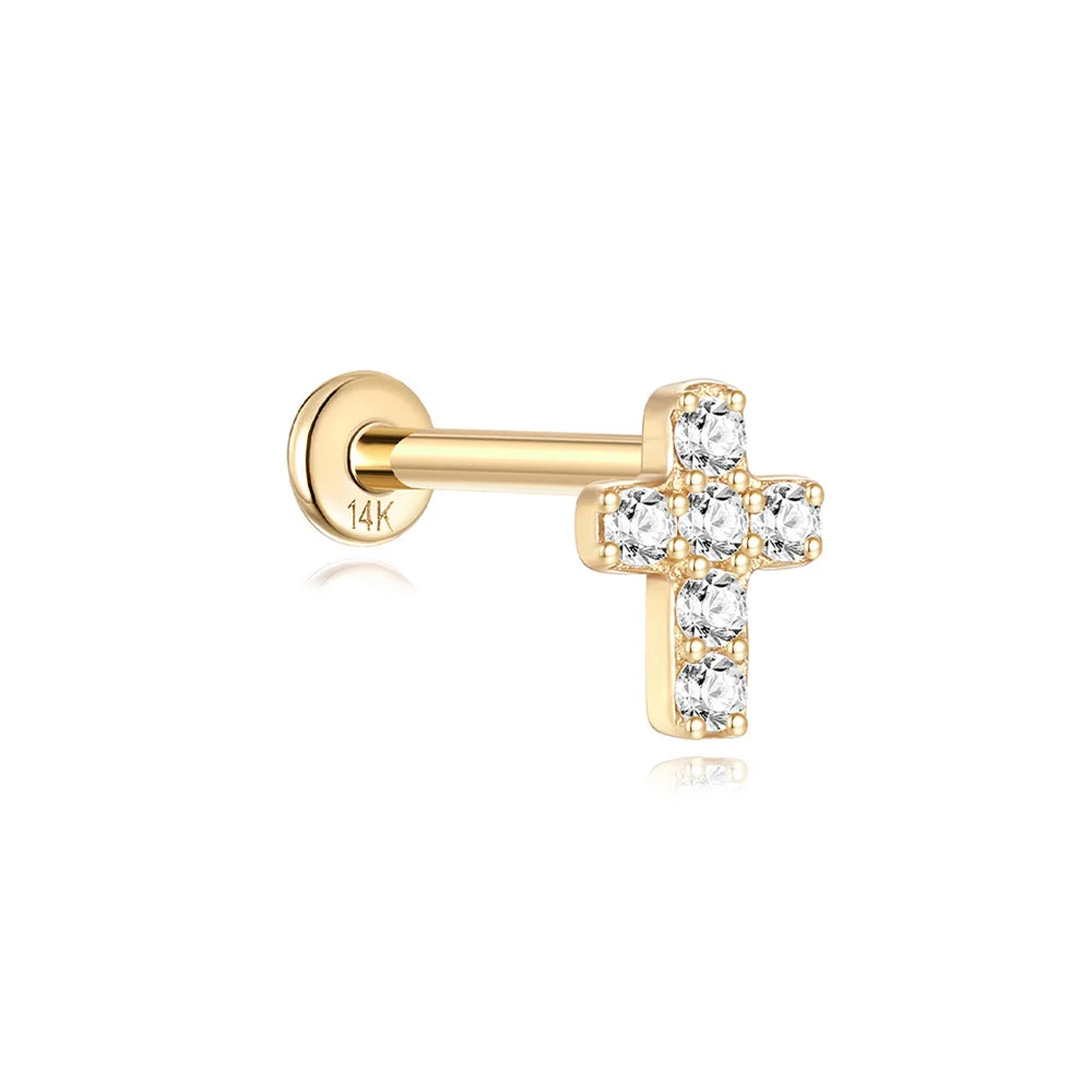 AIDE Real 14K Solid Gold Multiple Sizes Zircon Pendant Stud Earring Simple IND Piercing Ear Bone Ear Studs DIY Vintage Jewelry