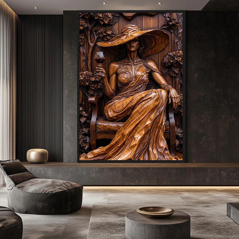 Affiche et impressions sur toile représentant une femme élégante et abstraite assise sur une chaise et buvant du vin, tableau mural pour la décoration intérieure, cuadros
