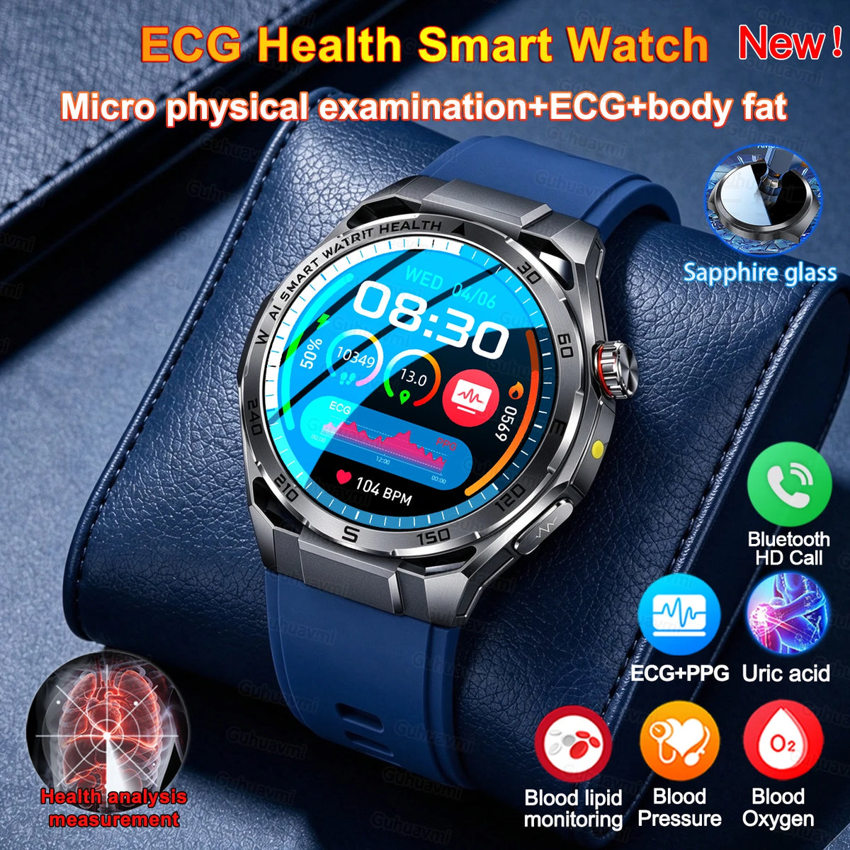 New AI Health Diagnose Smart Watch ECG+PPG Physical examination BP BO2 Uricacid Call Health Tracker Smartwatch For Men Women IOS