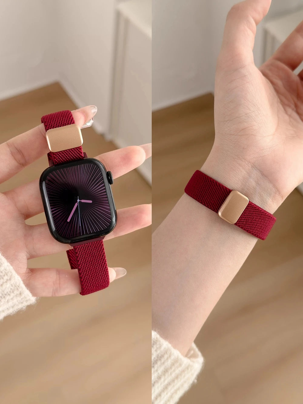 Elegant Magnetic Elastic Nylon Strap for Apple Watch Band Women 11/10/9/8/7/6/5 38mm 40mm 41mm 42mm 44mm 45mm 46mm