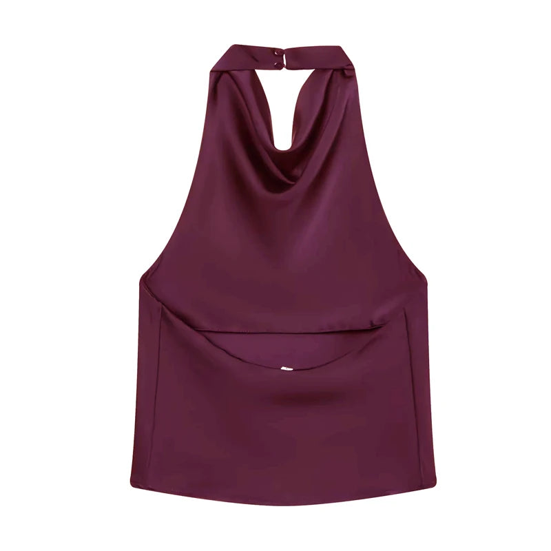 Top satinato da donna con scollo all'americana