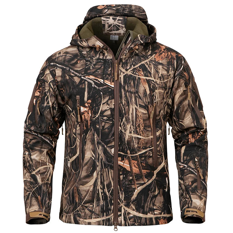 Chaqueta táctica de camuflaje de softshell silencioso para hombre, cortavientos, cálida, de forro polar, para caza, senderismo al aire libre, pesca, con capucha