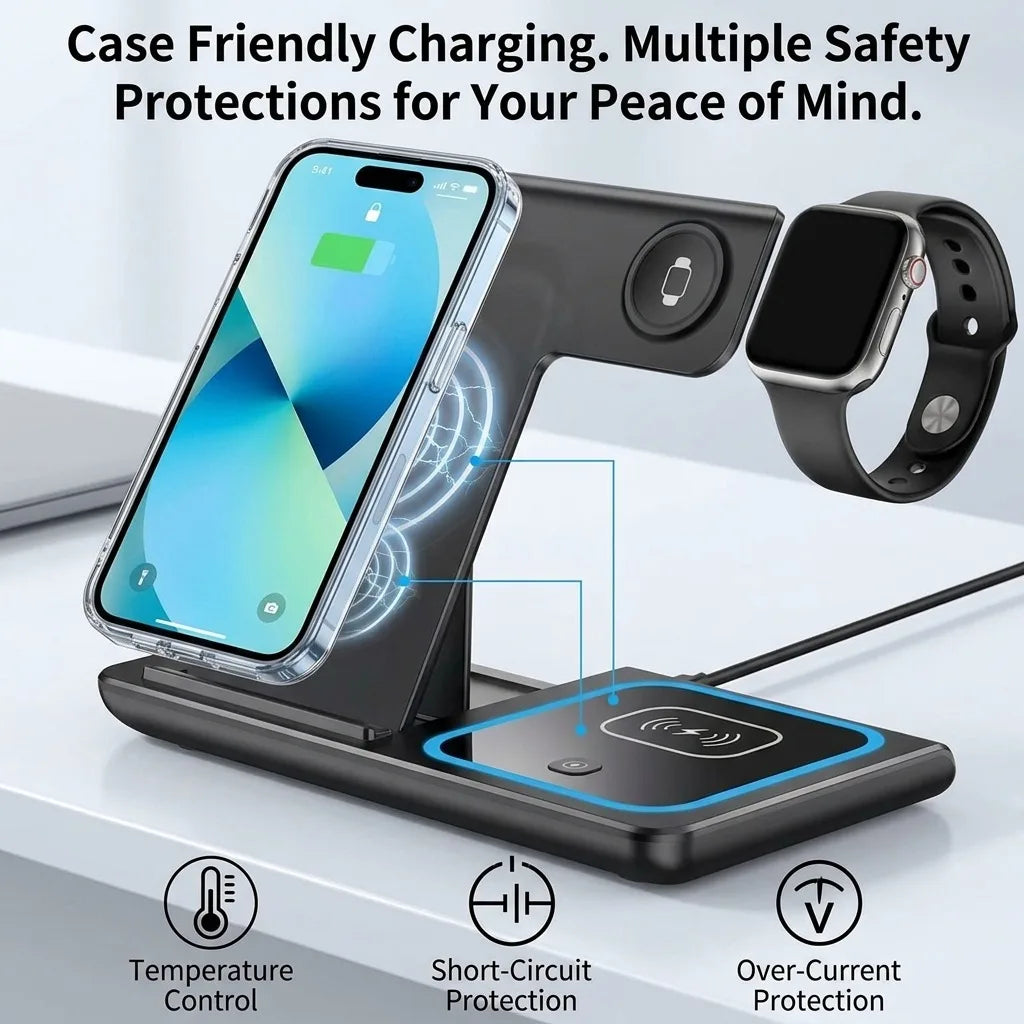 15W 3 in 1 LED Fast Wireless Charger Stand Foldable Charging Station For IPhone18-11 Apple Watch 9 8 7 6 5 Airpods Pro