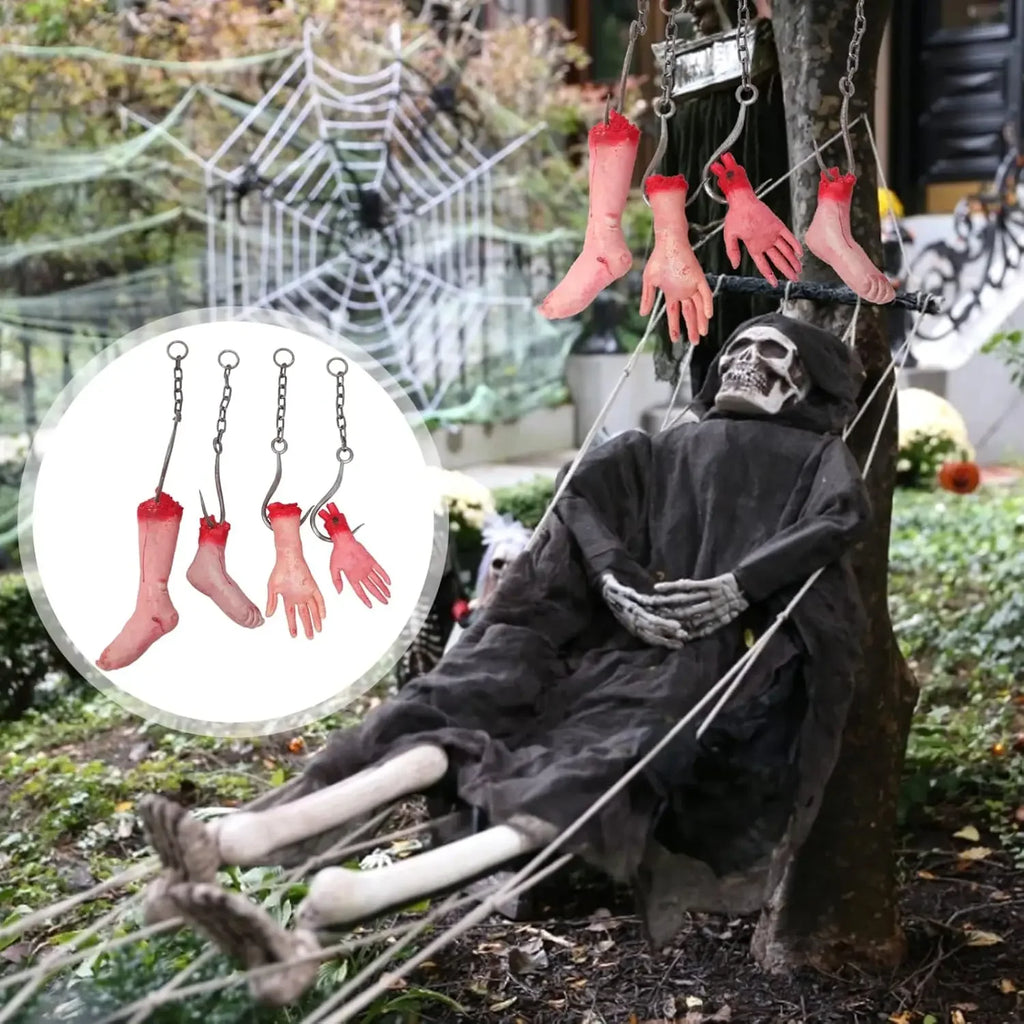 Décorations d'Halloween tête, mains et pieds suspendus par des chaînes, accessoires d'horreur pour extérieur, maison hantée, salle secrète et décor d'Halloween