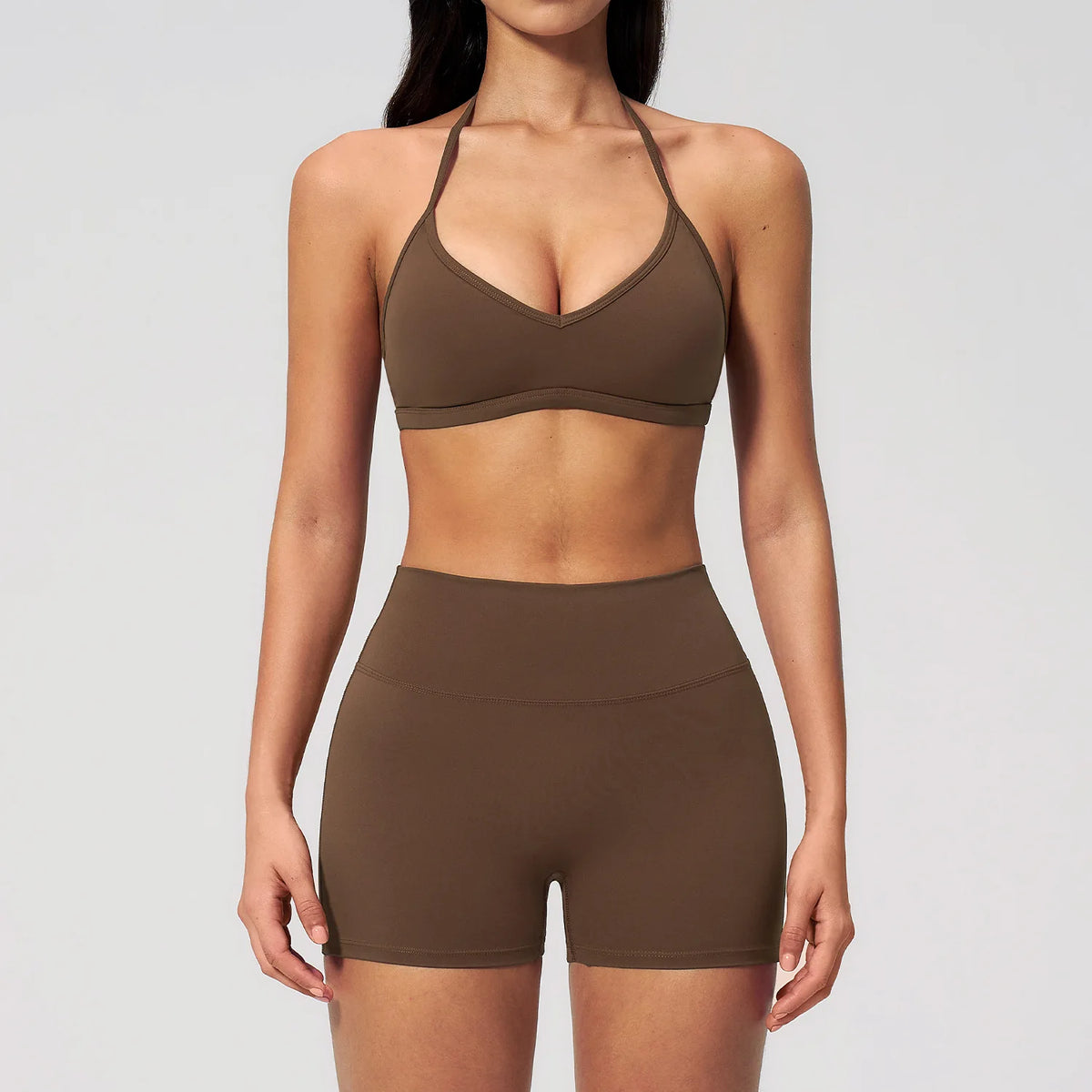 2-teiliges Yoga-Set für Damen, Trainingsanzug mit rückenfreiem Neckholder-Top und High-Waist-Shorts, Fitness-Sportbekleidung für das Training