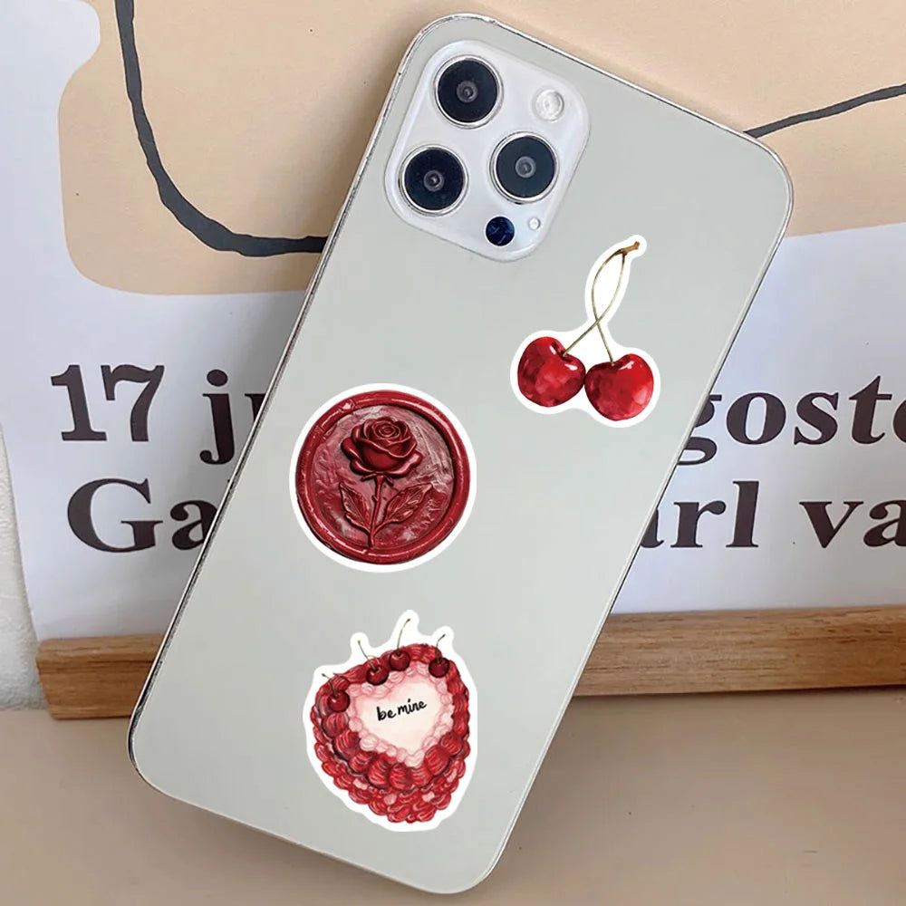 50pcs y2k style cherry colored stickers, suitable for decorating tablets, luggage, storage boxes, waterproof stickers