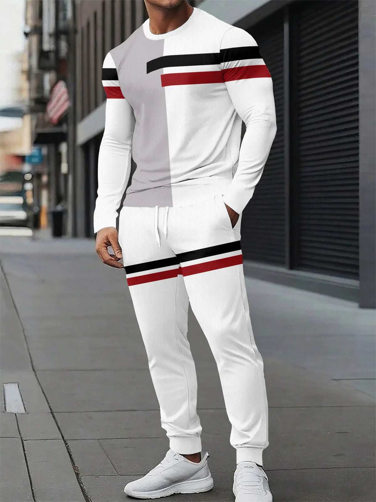 Men's Two-Piece Set Autumn 2026 New Arrival Black White Tie-Dye Panel Print Stylish Crew Neck Sporty Trendy Streetwear Style
