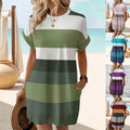 Striped Crew Neck Dress Elegant with Pockets Plaid Pullover Three Quarter Sleeve Commuter Chic Striped Women Summer Dress