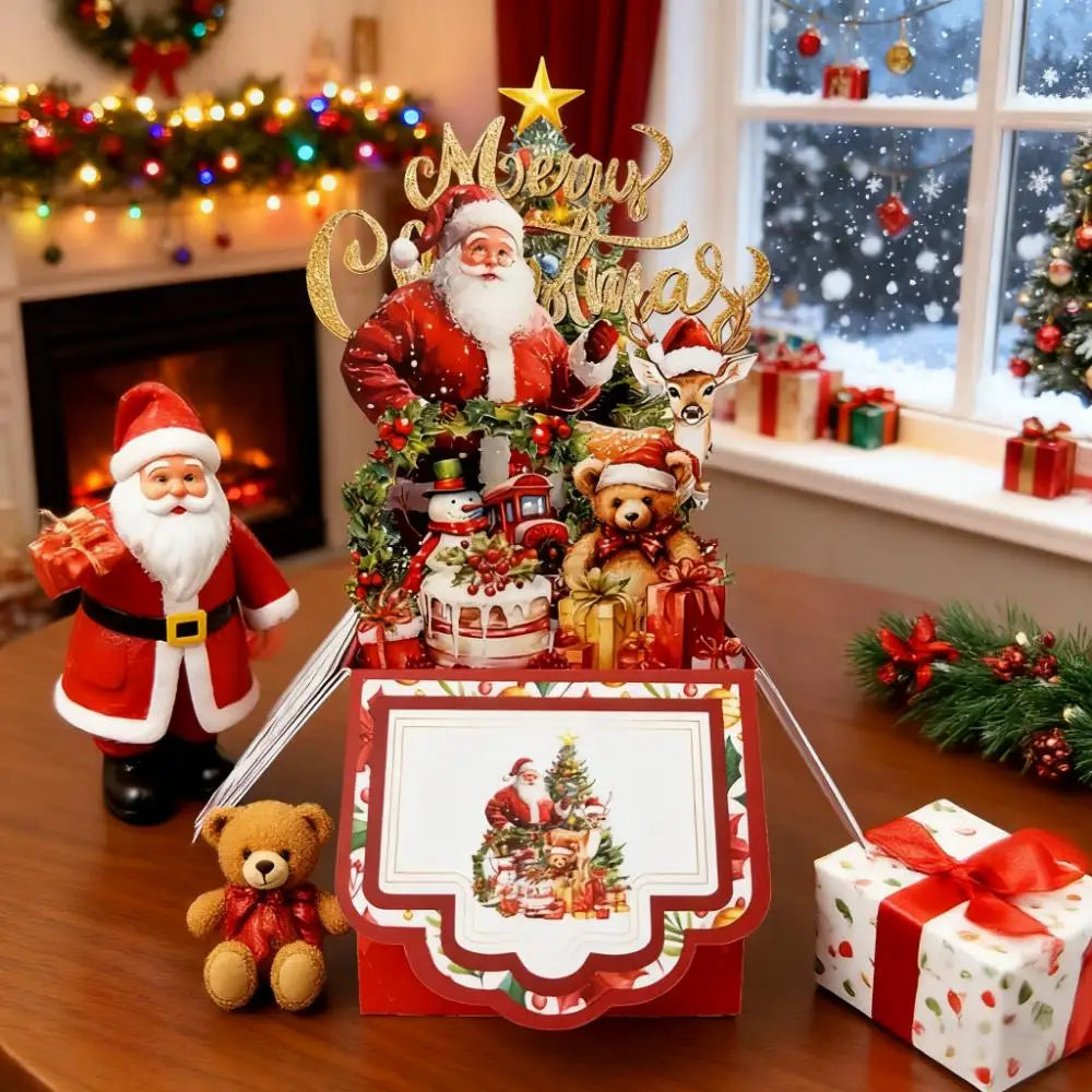 Tarjetas de felicitación de árbol de Navidad Papá Noel Reno Fiesta de Navidad Tarjeta desplegable Postal 3D con sobre Suministros de decoración navideña 1 unidad