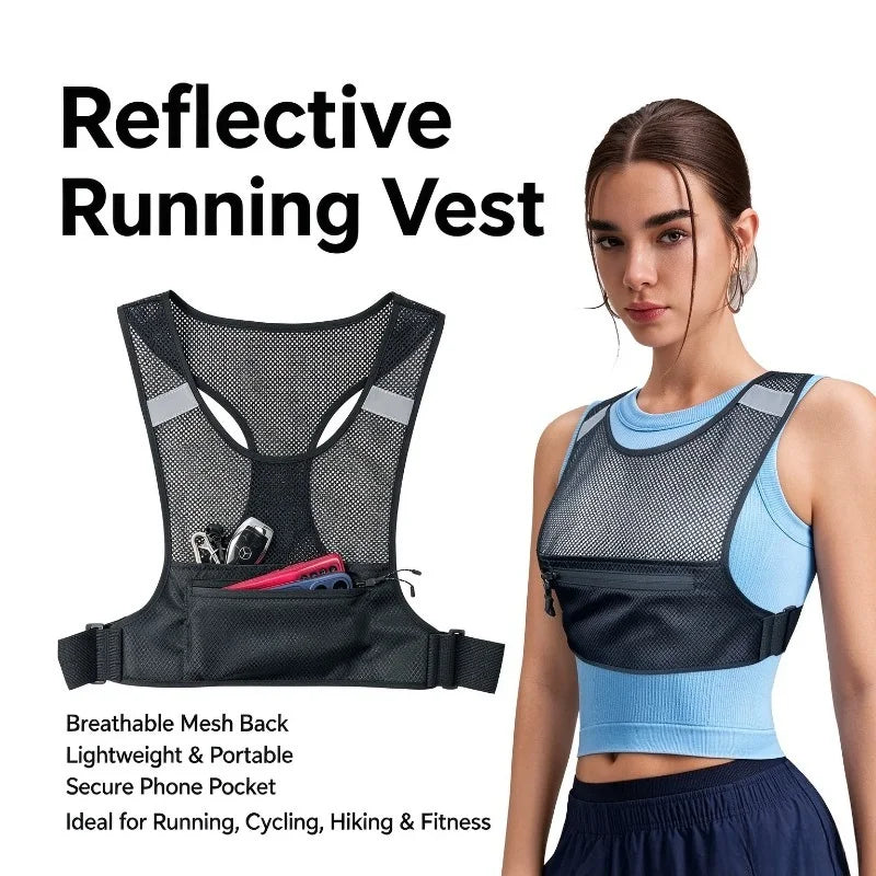 1Pc Lightweight Reflective Breathable Running Vest Chest Pack Adjustable Sports Vest for Outdoor Running Cycling Hiking Fitness