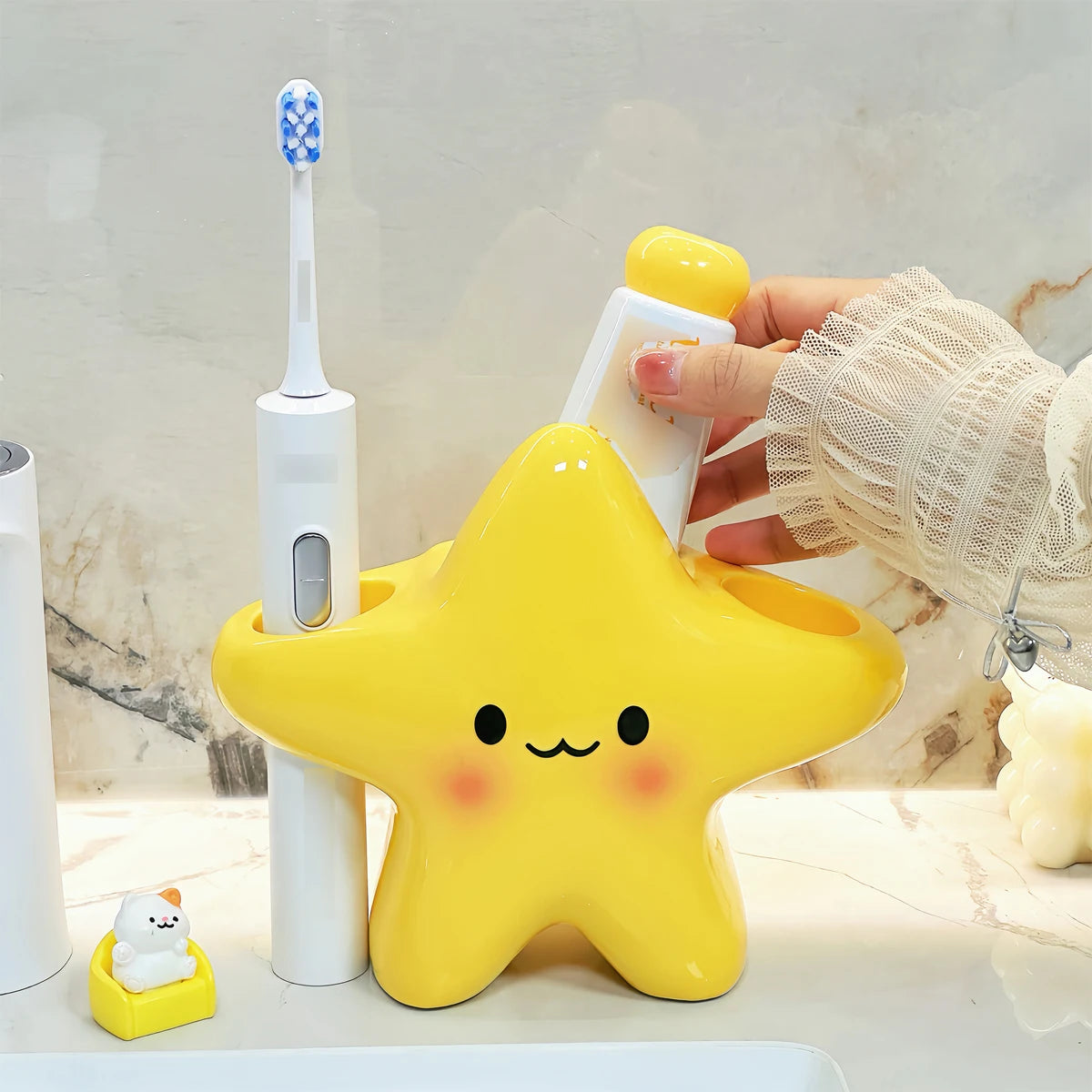 Portalápices de dientes en forma de estrella, organizador de baño independiente con diseño de cara bonita, ahorra espacio para cepillos y pasta de dientes