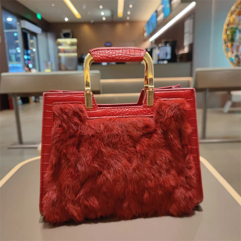 Genuine Leather Women's Handbag Luxury Fashion Real Rabbit Hair Single Shoulder Messenger Bag Large Capacity Portable Tote Bags