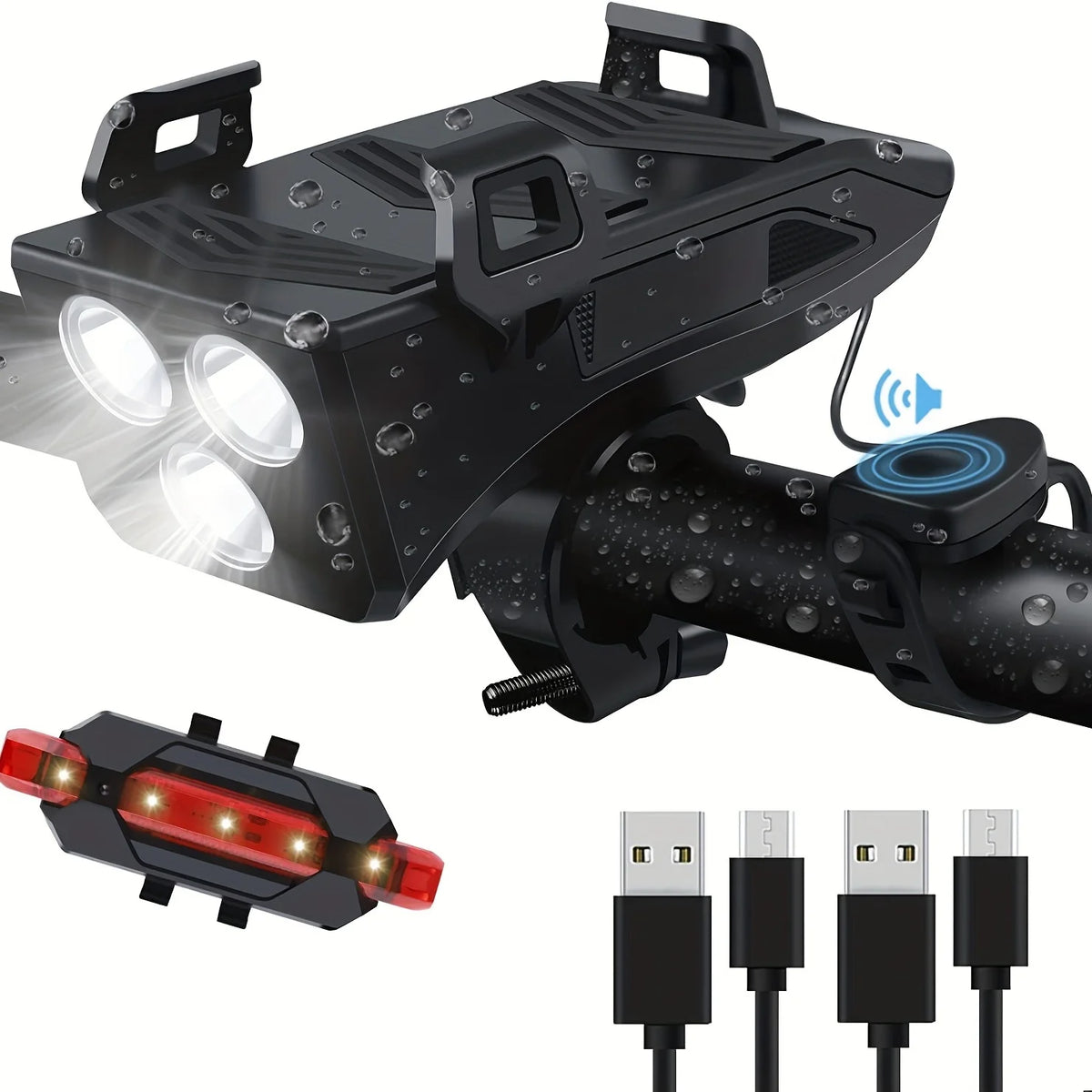 Luz para bicicleta, faro delantero recargable por USB con 3 LED y luz trasera LED, con batería externa, bocina y soporte para teléfono, adecuada para todo tipo de ciclismo, en carretera y montaña.