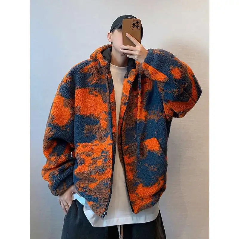 Large-sized men's autumn and winter retro, cool and stylish orange firecloud tie-dyed hooded lambskin warm thick coat
