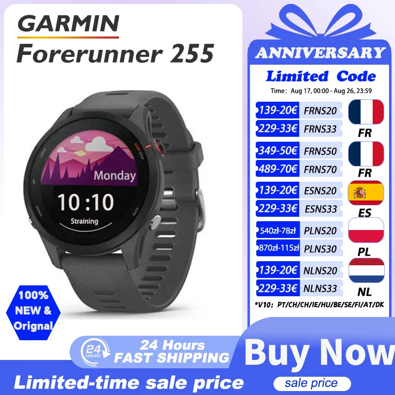 Garmin Forerunner 255 Garmin watch Garmin Sports Smartwatch 46mm 1.3'' Color Screen 14 Days Battery Life 4GB RAM NFC Bluetooth Wifi 5ATM Waterproof