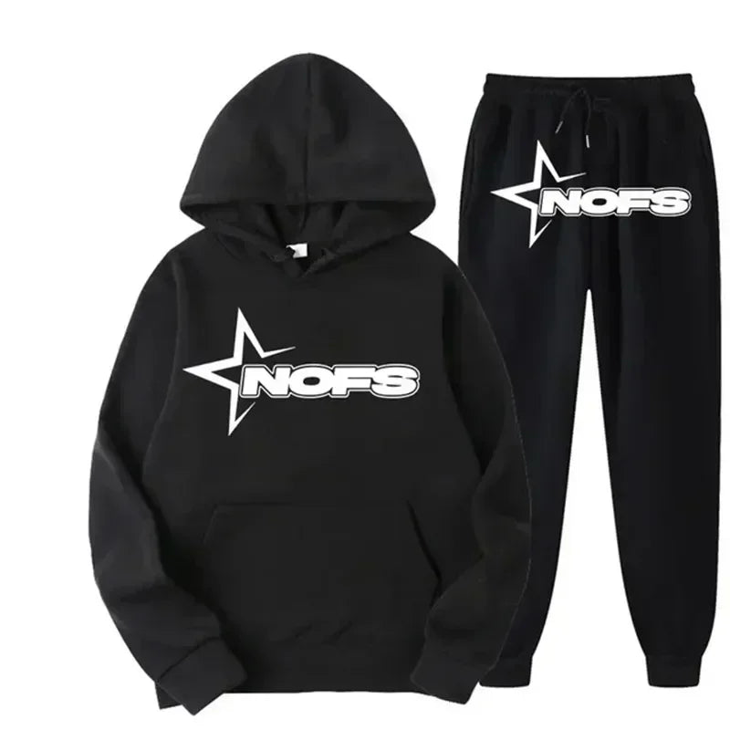 Ensemble streetwear NOFS noir imprimé étoiles avec sweat à capuche et pantalon de jogging, pour hommes et femmes