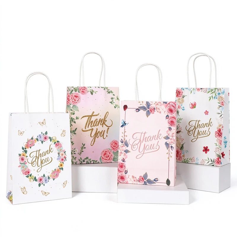 50 sacs cadeaux en papier « Merci » avec imprimé floral, anses en papier kraft, pour mariage, anniversaire, baby shower et emballage de cadeaux pour invités (lot de 50)