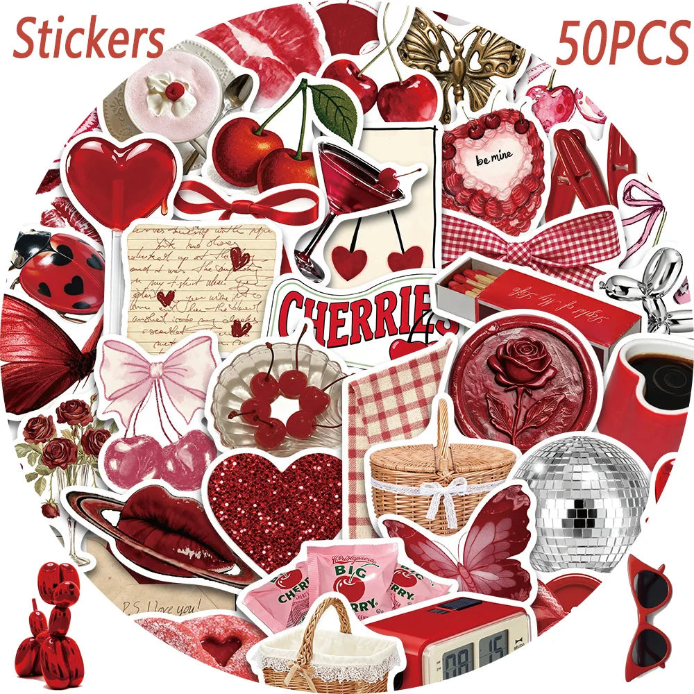 50pcs y2k style cherry colored stickers, suitable for decorating tablets, luggage, storage boxes, waterproof stickers