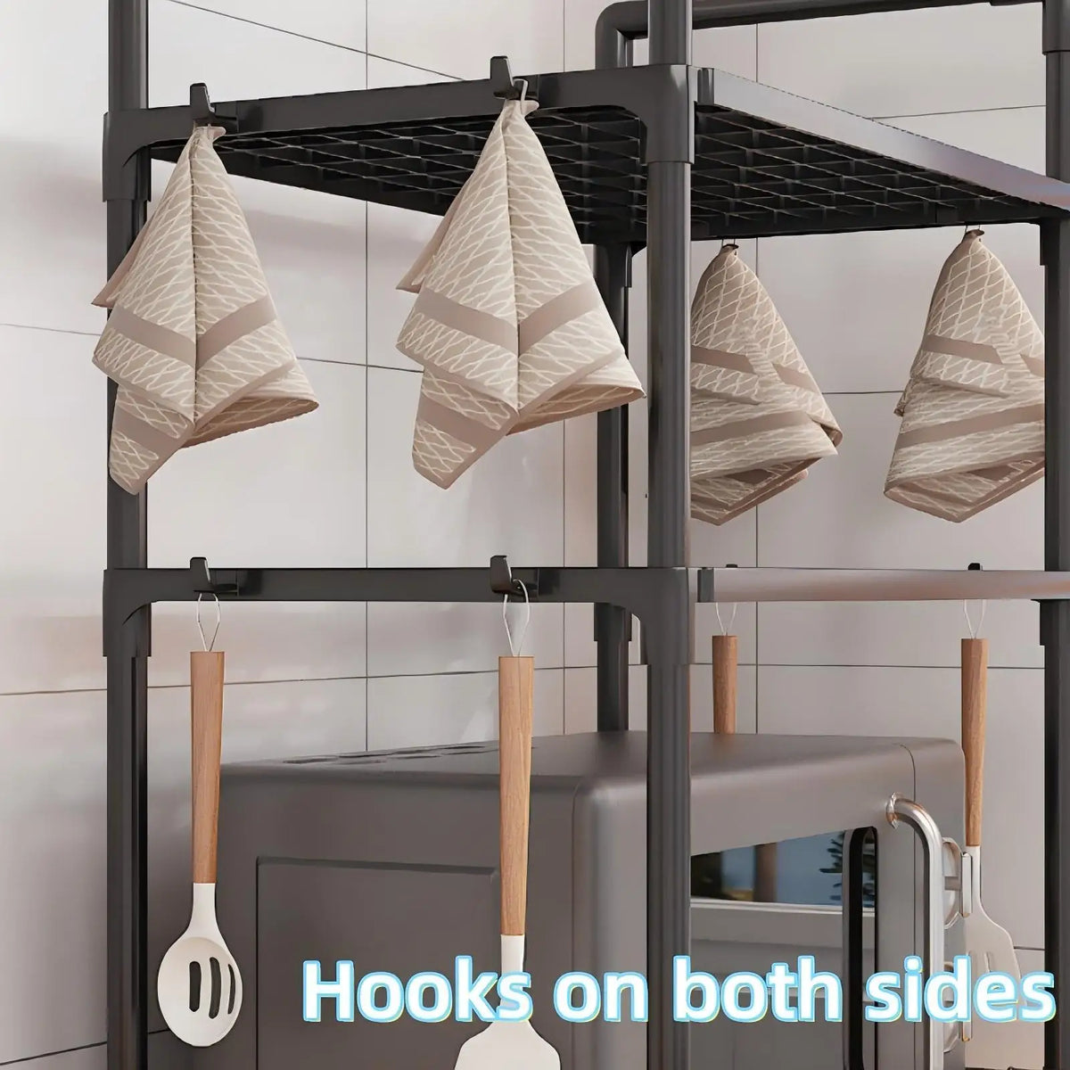 Durable Microwave Stand Shelf - Heavy Duty Countertop Rack for Oven, Spice & Dish Storage with Hooks, Plastic Utility Organizer